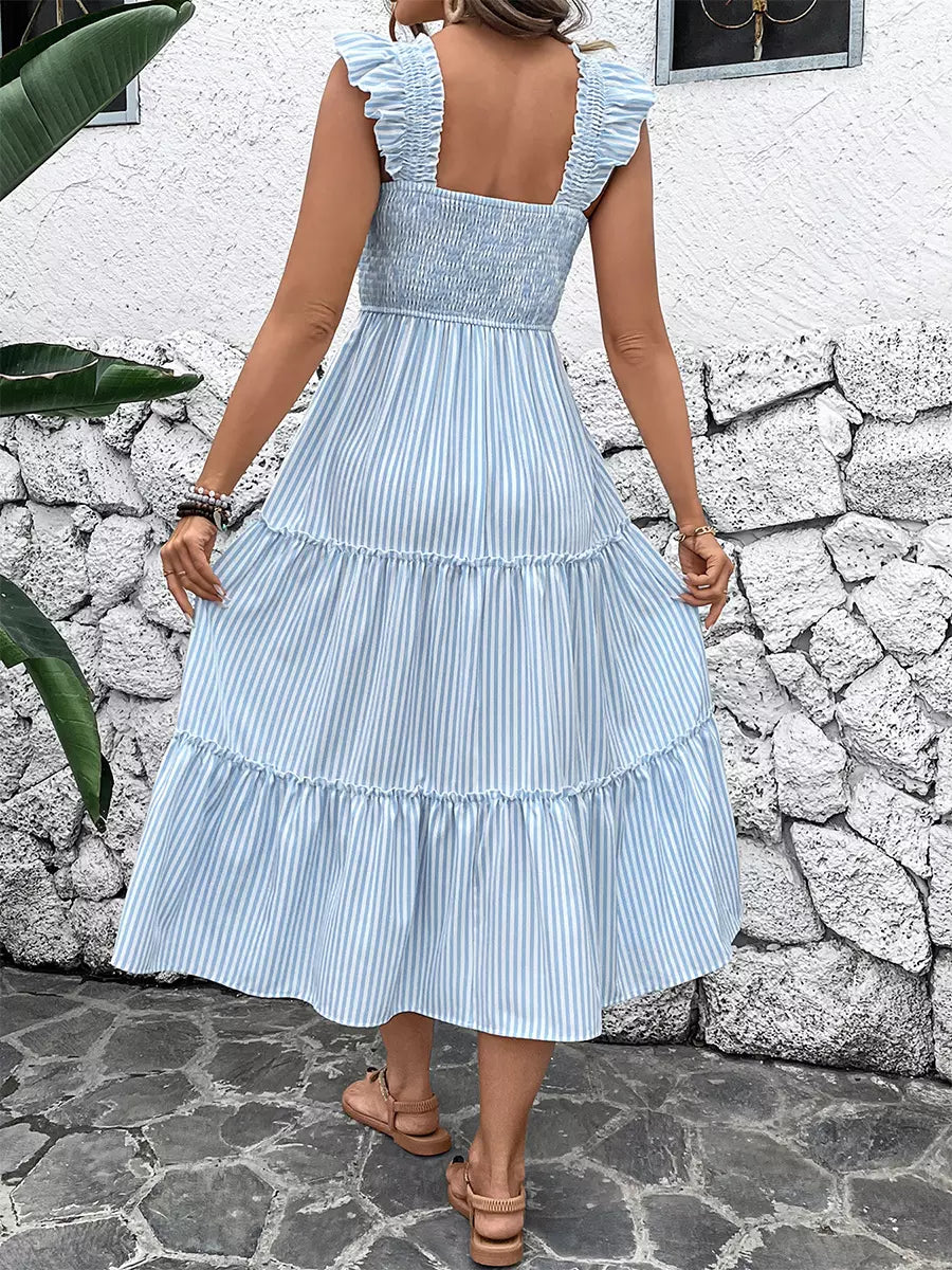 Bohemian Striped Pattern Flutter Sleeves Layered Midi Dress