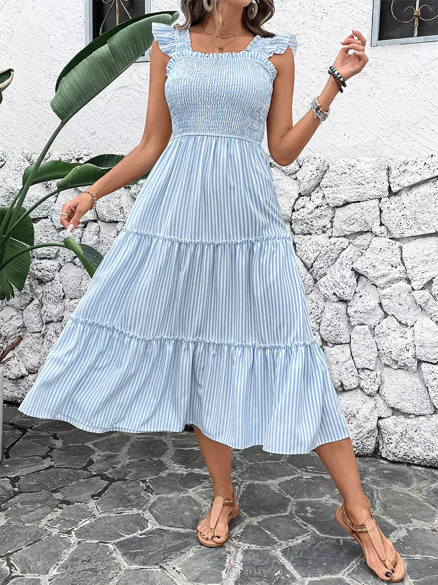 Bohemian Striped Pattern Flutter Sleeves Layered Midi Dress