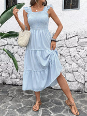 Bohemian Striped Pattern Flutter Sleeves Layered Midi Dress