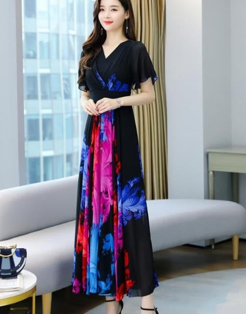 Bohemian Style Flower Printed Short Sleeve Chiffon Long Dress
