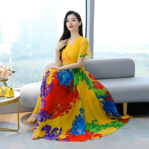 Bohemian Style Flower Printed Short Sleeve Chiffon Long Dress