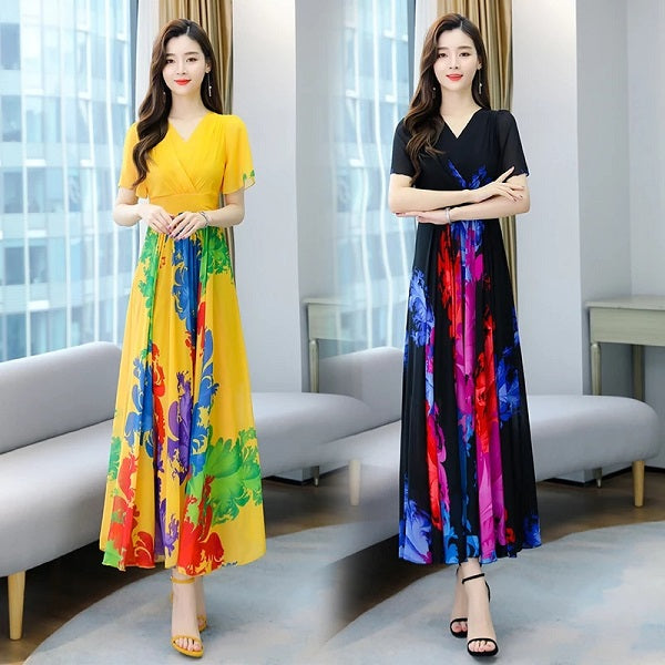 Bohemian Style Flower Printed Short Sleeve Chiffon Long Dress