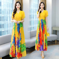 Bohemian Style Flower Printed Short Sleeve Chiffon Long Dress