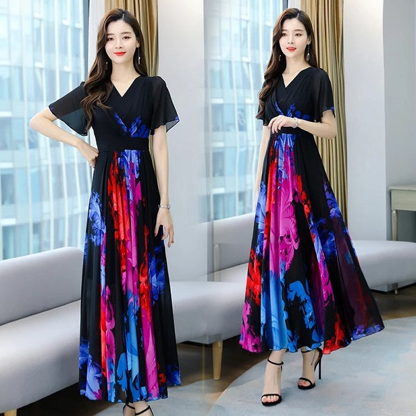 Bohemian Style Flower Printed Short Sleeve Chiffon Long Dress