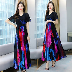 Bohemian Style Flower Printed Short Sleeve Chiffon Long Dress