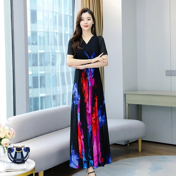 Bohemian Style Flower Printed Short Sleeve Chiffon Long Dress
