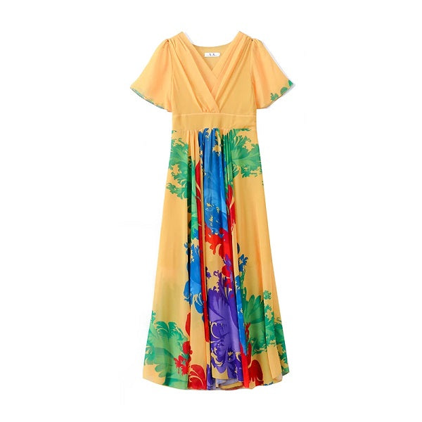 Bohemian Style Flower Printed Short Sleeve Chiffon Long Dress