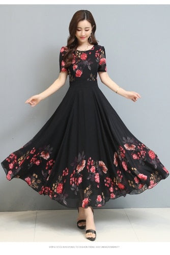 Bohemian Style Round Collar Flower Printed Chiffon Long Dress