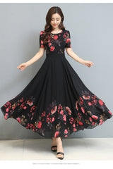 Bohemian Style Round Collar Flower Printed Chiffon Long Dress