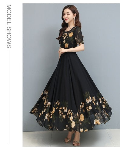 Bohemian Style Round Collar Flower Printed Chiffon Long Dress