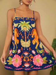 Bohemian Style Sleeveless Floral Print Strapless Short Length Mini Dress
