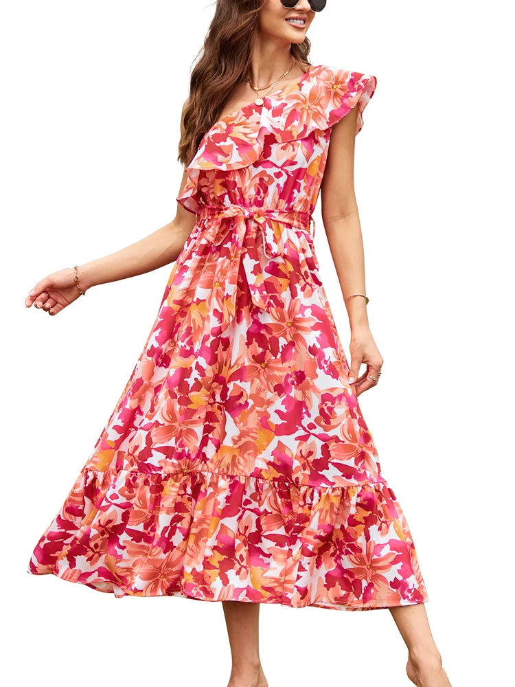 Bohemian Style Sleeveless Shoulder Elastic Waist Ruffle Twisted Layers Dress