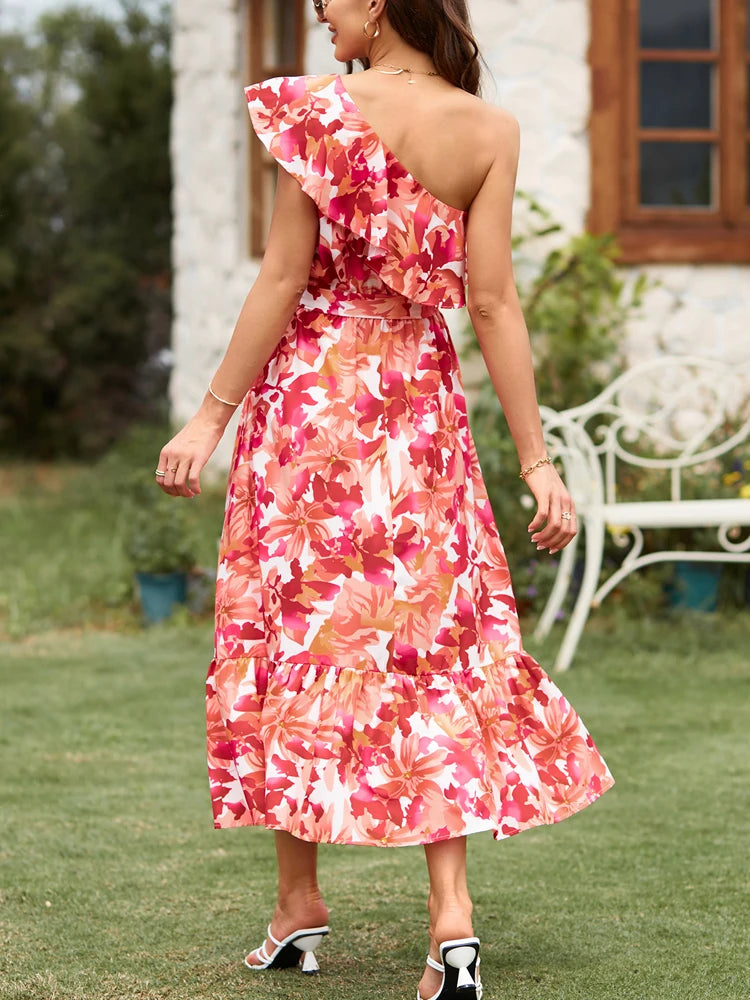 Bohemian Style Sleeveless Shoulder Elastic Waist Ruffle Twisted Layers Dress