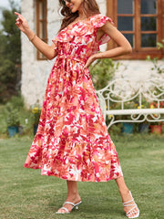 Bohemian Style Sleeveless Shoulder Elastic Waist Ruffle Twisted Layers Dress