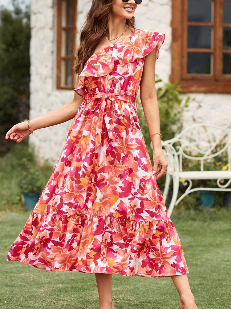 Bohemian Style Sleeveless Shoulder Elastic Waist Ruffle Twisted Layers Dress