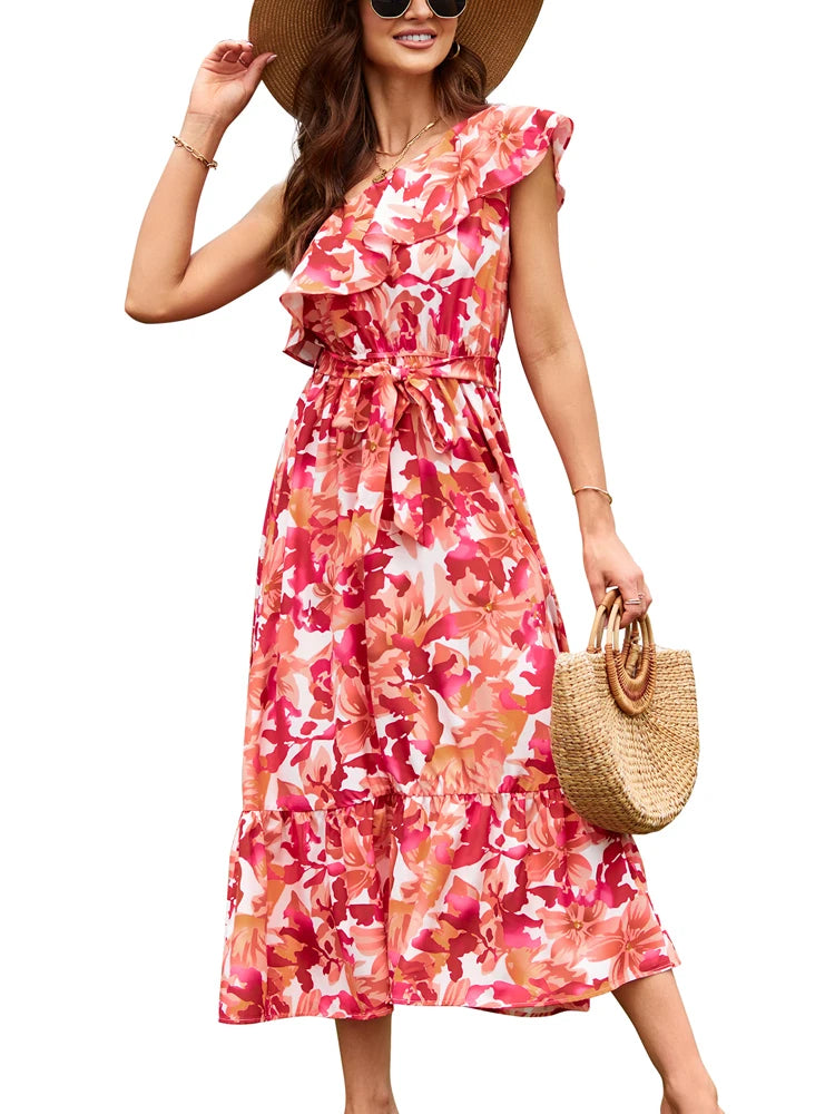 Bohemian Style Sleeveless Shoulder Elastic Waist Ruffle Twisted Layers Dress