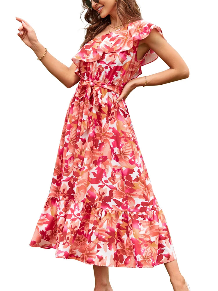Bohemian Style Sleeveless Shoulder Elastic Waist Ruffle Twisted Layers Dress