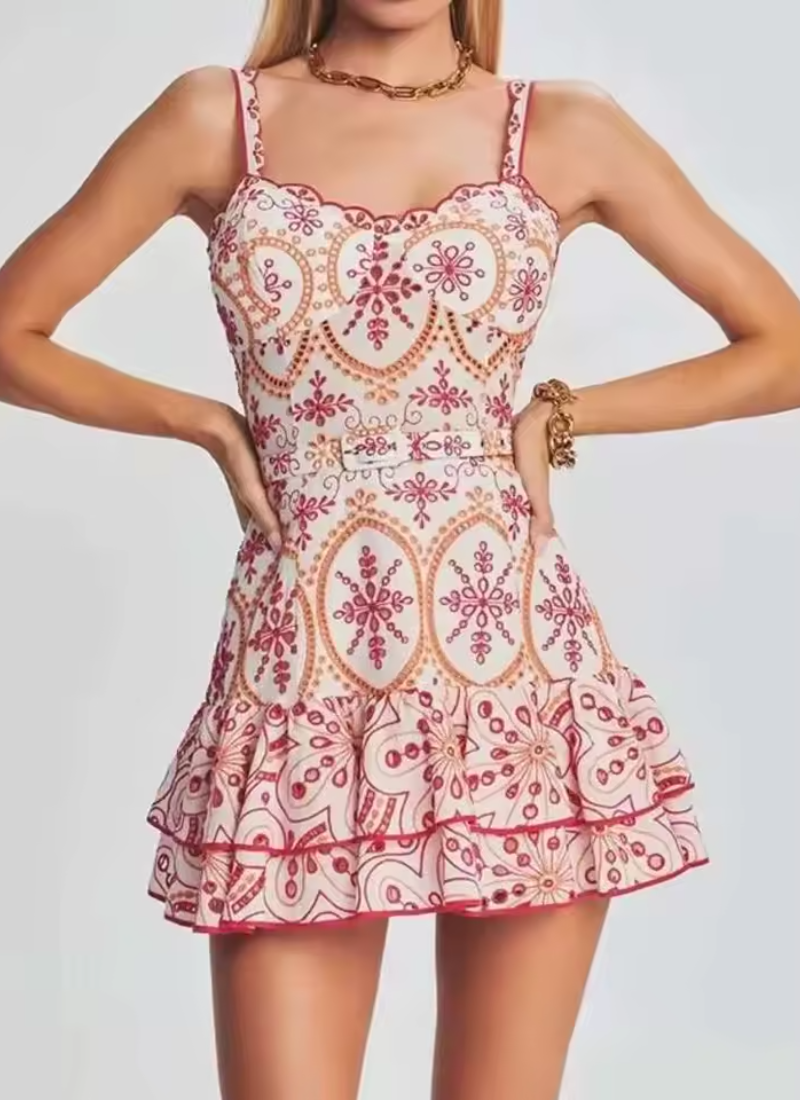 Bohemian Style Spaghetti Strap Floral Print Waist Belt Ruffled Short Dresses