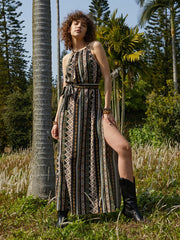 Bohemian Tribal Pattern Halter Slit Belt Maxi Retro Dress