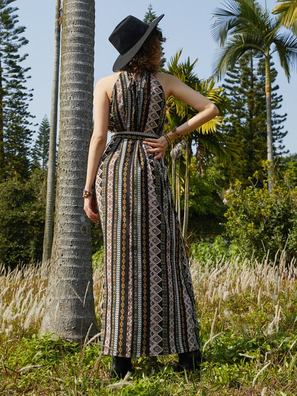 Bohemian Tribal Pattern Halter Slit Belt Maxi Retro Dress