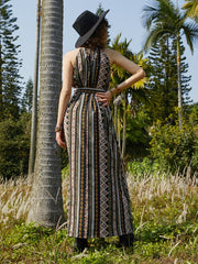 Bohemian Tribal Pattern Halter Slit Belt Maxi Retro Dress