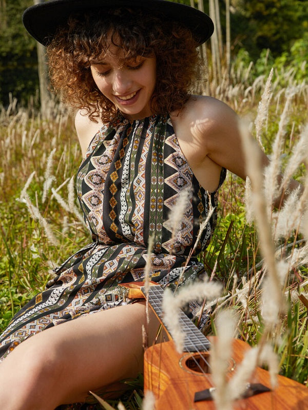 Bohemian Tribal Pattern Halter Slit Belt Maxi Retro Dress