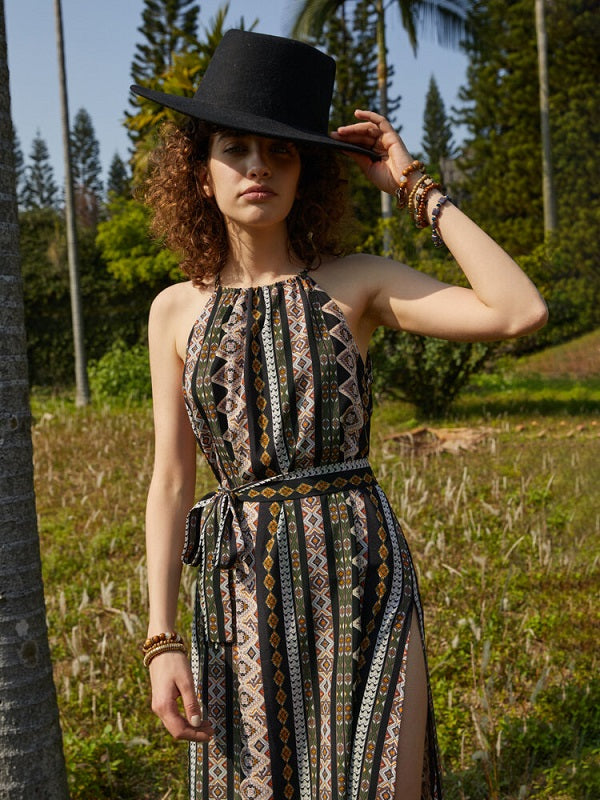 Bohemian Tribal Pattern Halter Slit Belt Maxi Retro Dress