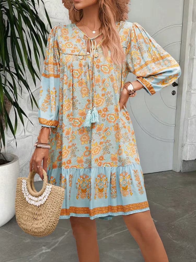 Bohemian V-Neck Chic Printed Lantern Sleeve Mini Loose Dress