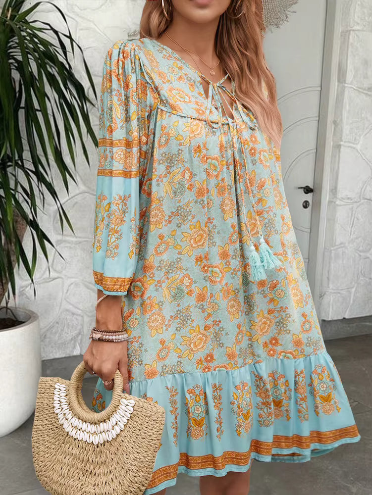 Bohemian V-Neck Chic Printed Lantern Sleeve Mini Loose Dress