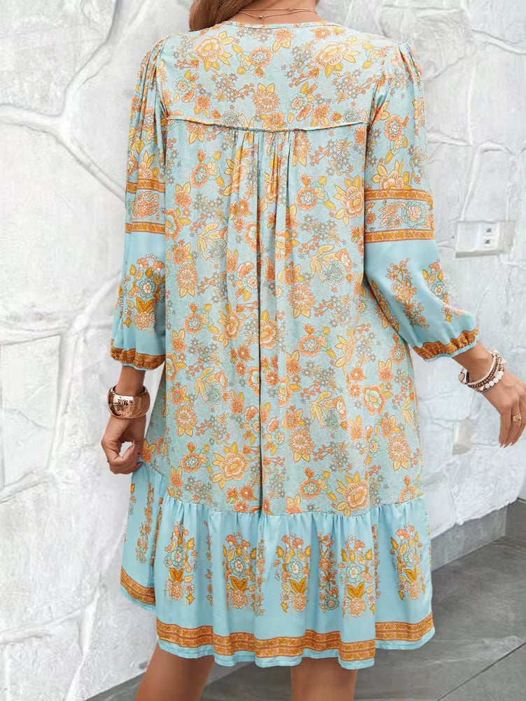 Bohemian V-Neck Chic Printed Lantern Sleeve Mini Loose Dress