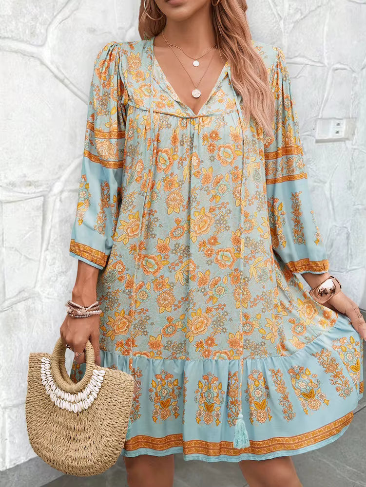 Bohemian V-Neck Chic Printed Lantern Sleeve Mini Loose Dress