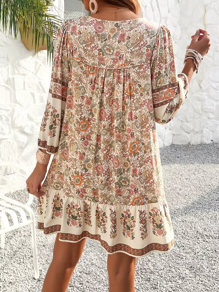 Bohemian V-Neck Chic Printed Lantern Sleeve Mini Loose Dress