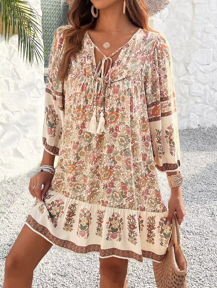 Bohemian V-Neck Chic Printed Lantern Sleeve Mini Loose Dress
