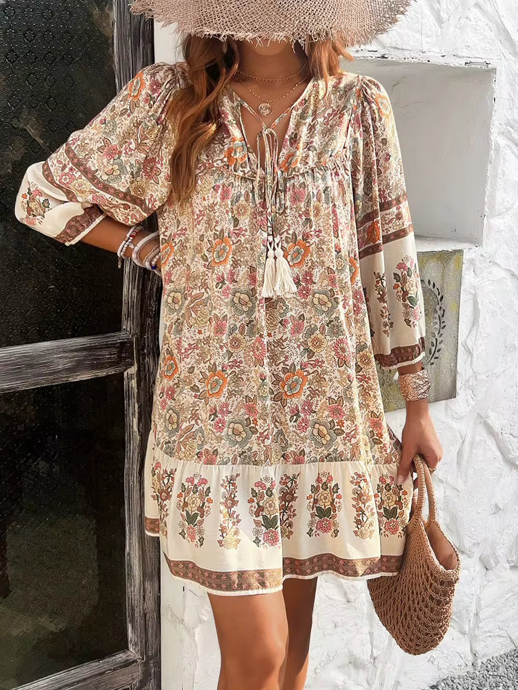 Bohemian V-Neck Chic Printed Lantern Sleeve Mini Loose Dress
