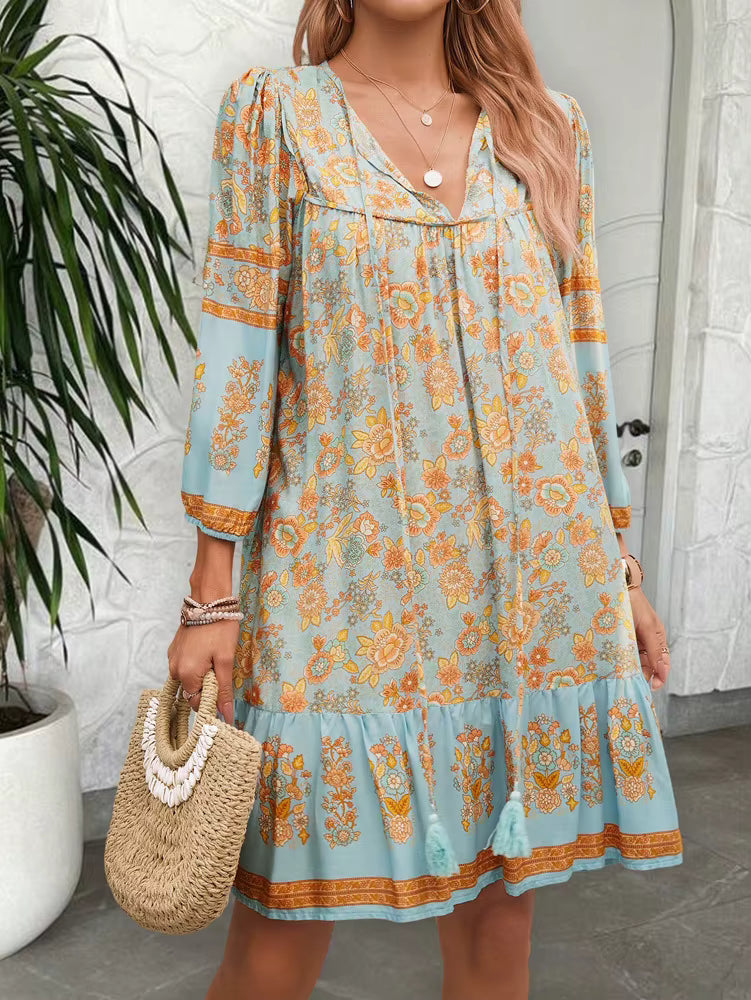 Bohemian V-Neck Chic Printed Lantern Sleeve Mini Loose Dress