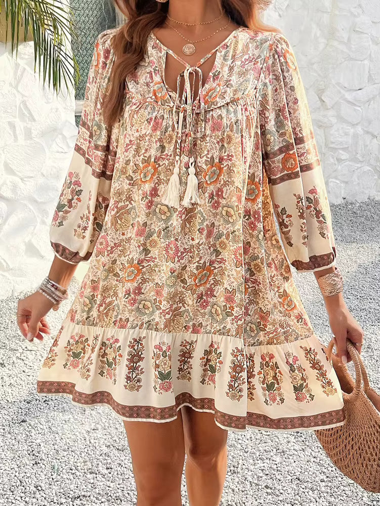 Bohemian V-Neck Chic Printed Lantern Sleeve Mini Loose Dress