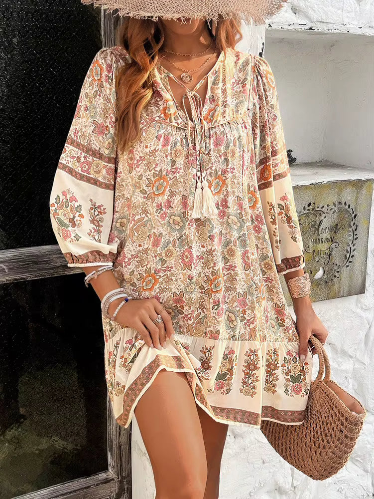 Bohemian V-Neck Chic Printed Lantern Sleeve Mini Loose Dress