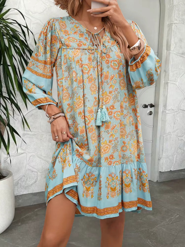 Bohemian V-Neck Chic Printed Lantern Sleeve Mini Loose Dress