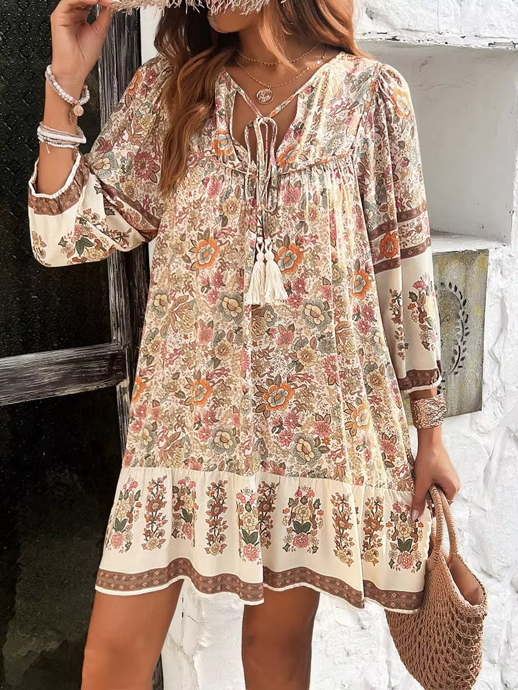 Bohemian V-Neck Chic Printed Lantern Sleeve Mini Loose Dress