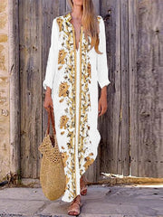 Bohemian V Neck Floral Print Beach Holiday Split Maxi Dress