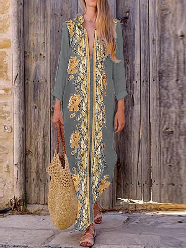 Bohemian V Neck Floral Print Beach Holiday Split Maxi Dress