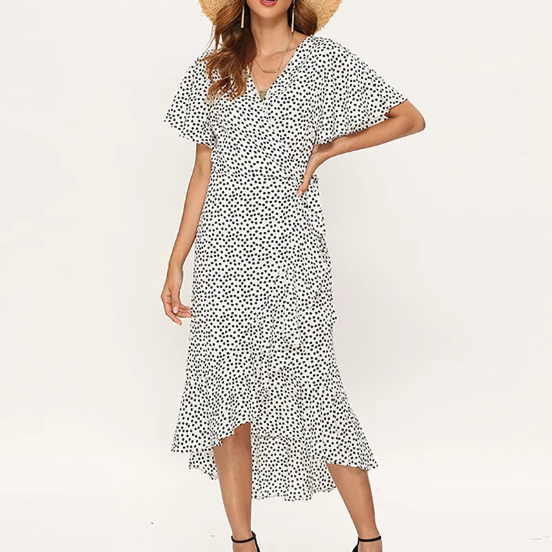 Bohemian V-Neck Irregular High Waist Lace-up Chiffon Print Casual Beach Long Dress