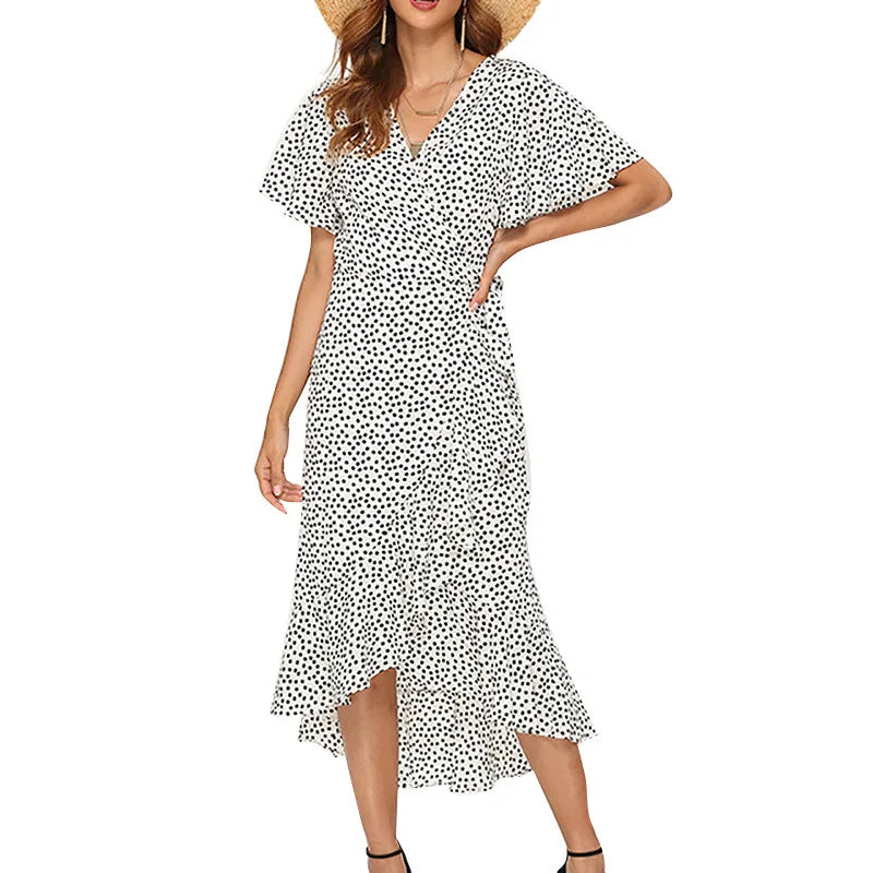 Bohemian V-Neck Irregular High Waist Lace-up Chiffon Print Casual Beach Long Dress