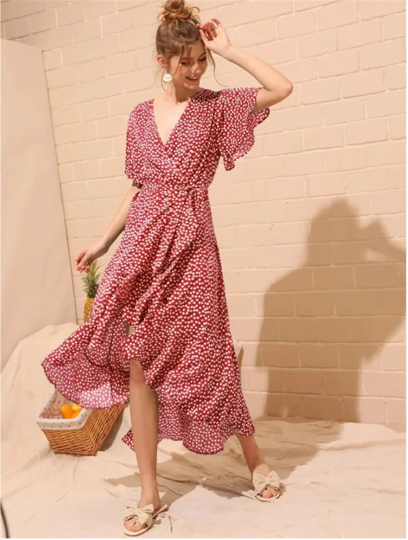 Bohemian V-Neck Irregular High Waist Lace-up Chiffon Print Casual Beach Long Dress