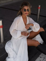 Bohemian V-Neck Solid Color Lantern Sleeves High Slit Maxi Dress