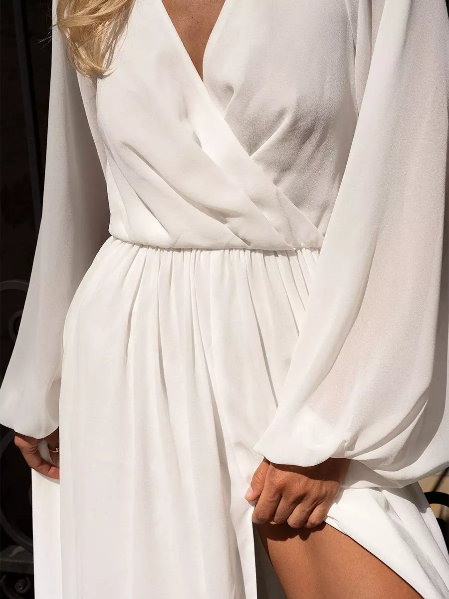 Bohemian V-Neck Solid Color Lantern Sleeves High Slit Maxi Dress