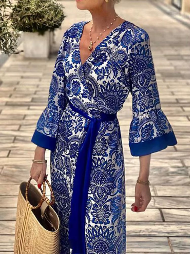 Bohemian V-neck Trumpet Sleeve Printed Waist Long Maxi Dress
