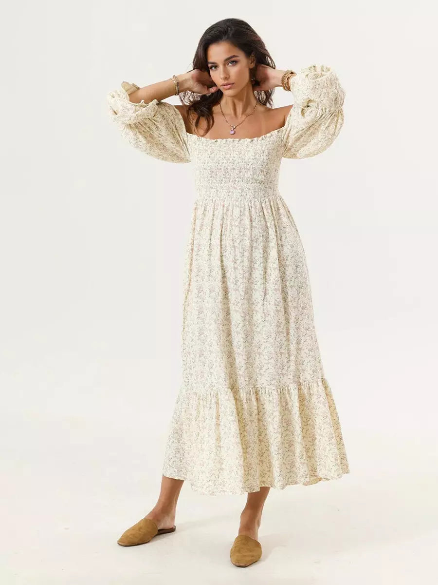 Bohemian With Off-Shoulder Print Puffed Sleeves Midi Dress