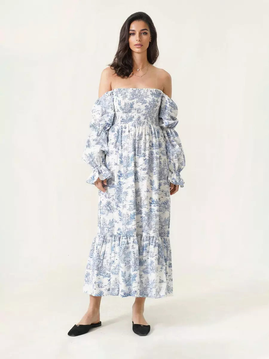 Bohemian With Off-Shoulder Print Puffed Sleeves Midi Dress