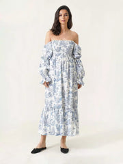 Bohemian With Off-Shoulder Print Puffed Sleeves Midi Dress